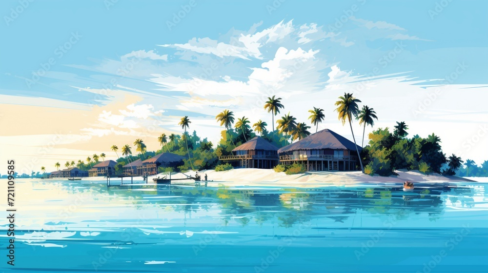 A serene vector illustration of a Maldives tropical island, complete with lush greenery, thatched-roof huts, and inviting blue lagoons, all