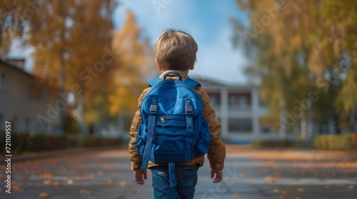 A boy with a blue school backpack joyfully walks to school