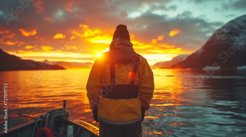 A courageous lonely fisherman in Norway stands on a boat and watches the sunset