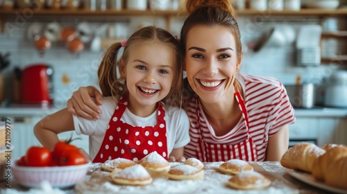 A girl and her mother in red aprons are baking pancakes in the kitchen