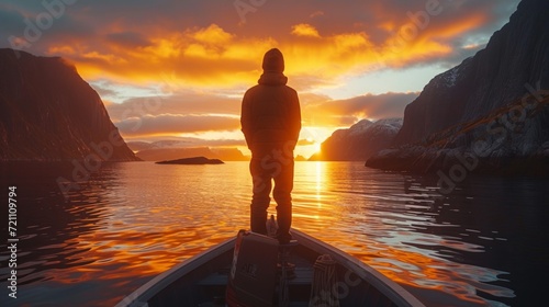 A courageous lonely fisherman in Norway stands on a boat and watches the sunset
