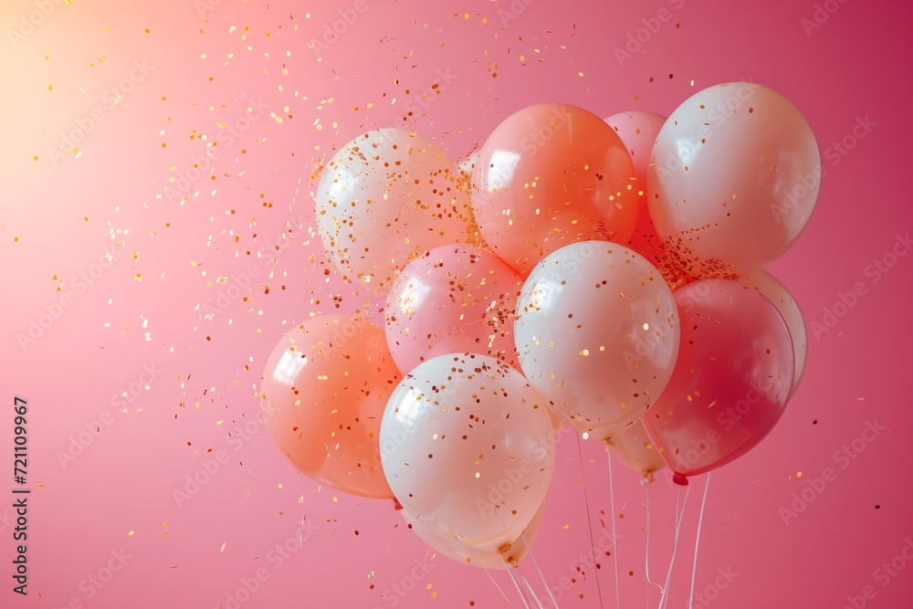 a group of balloons flying over a pink background