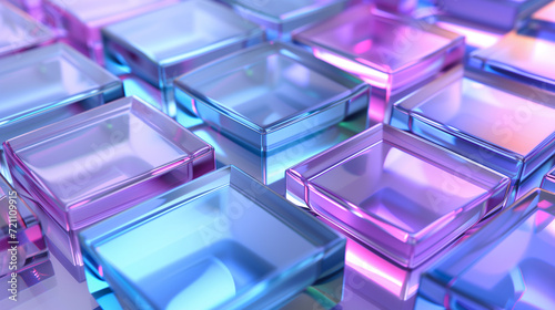 正方形のガラスの3Dモデル。背景画像_青紫色
3D model of glass squares. Chromatic sculpture. Purple and Blue based wallpaper background [Generative AI] photo