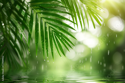 Delightfully beautiful enchanting background of green tropical leaves hanging over water in the rain.