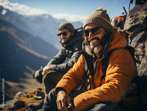 Portrait of hikers at the top of the mountain with a beautiful view of the cloudy blue sky