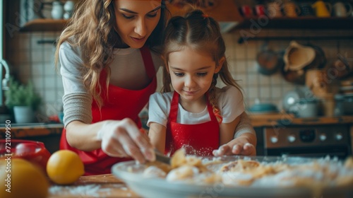 A girl and her mother in red aprons are baking pancakes in the kitchen