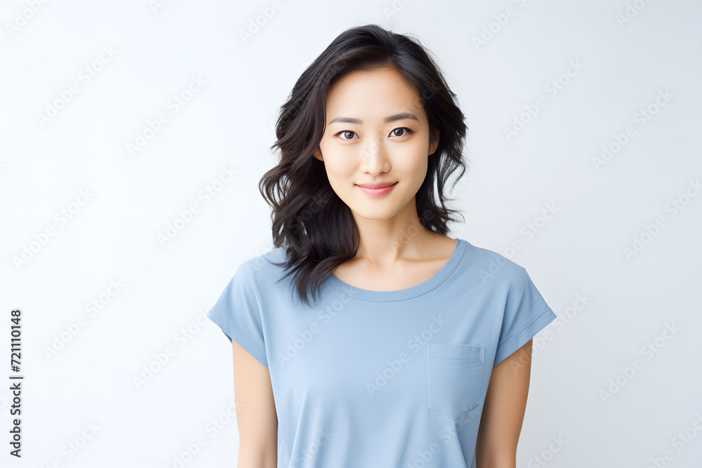 Asian beautiful women smiling happy wearing blue T shirt Asian beautiful women smiling happy wearing blue T shirt