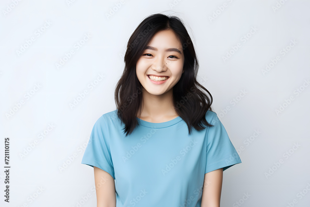 Asian beautiful women smiling happy wearing blue T shirt Asian beautiful women smiling happy wearing blue T shirt