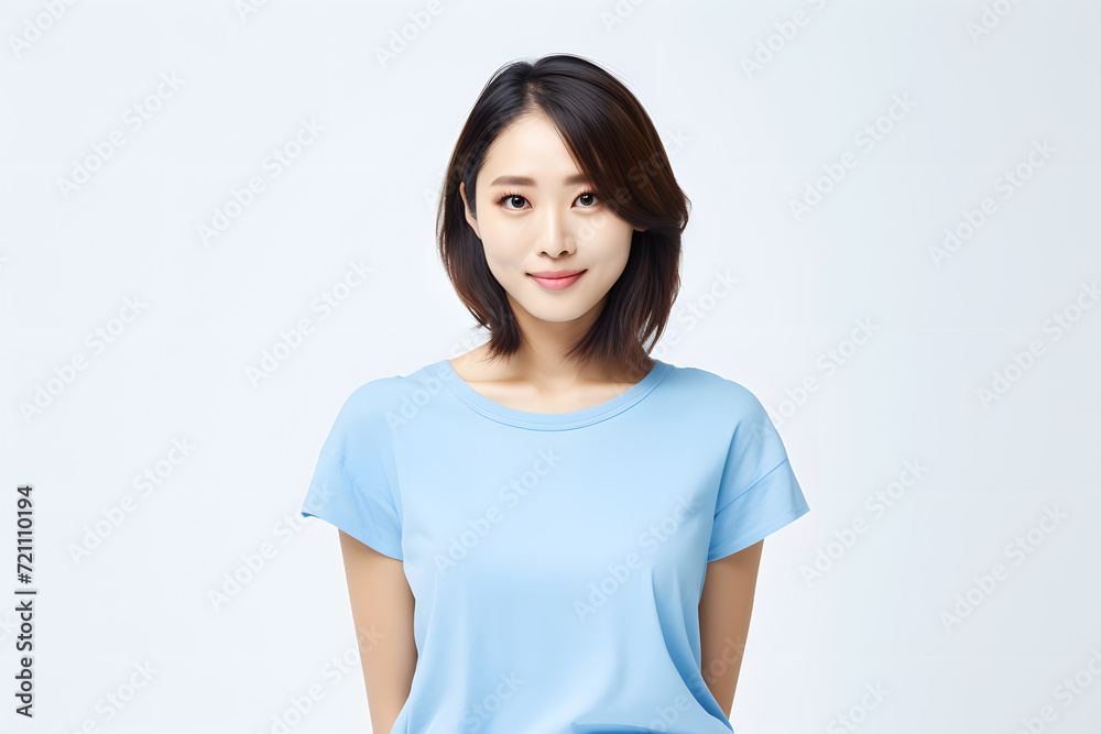 Asian beautiful women smiling happy wearing blue T shirt Asian beautiful women smiling happy wearing blue T shirt