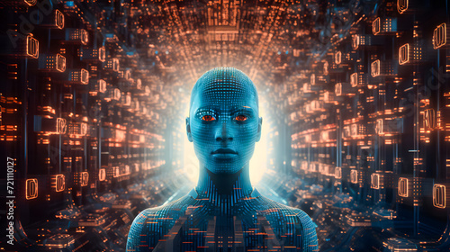 Wallpaper Mural A humanoid with artificial intelligence adorned with futuristic tech networks, symbolizing the fusion of human and machine in advanced technology Torontodigital.ca