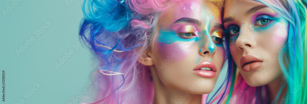 Beauty portrait of women with colorful glamour make up and colorful hair. pink lips and color eyeshadows. Contemporary art collage. Modern creative artwork. New vision of beauty.