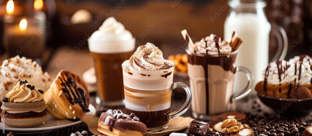 Fototapeta premium Indulge in Sweet Milk, Coffee, and Irresistible Treats - Milk, Coffee, Sweets, Treats, Milk, Coffee, Sweets, Treats, Milk, Coffee, Sweets, Treats