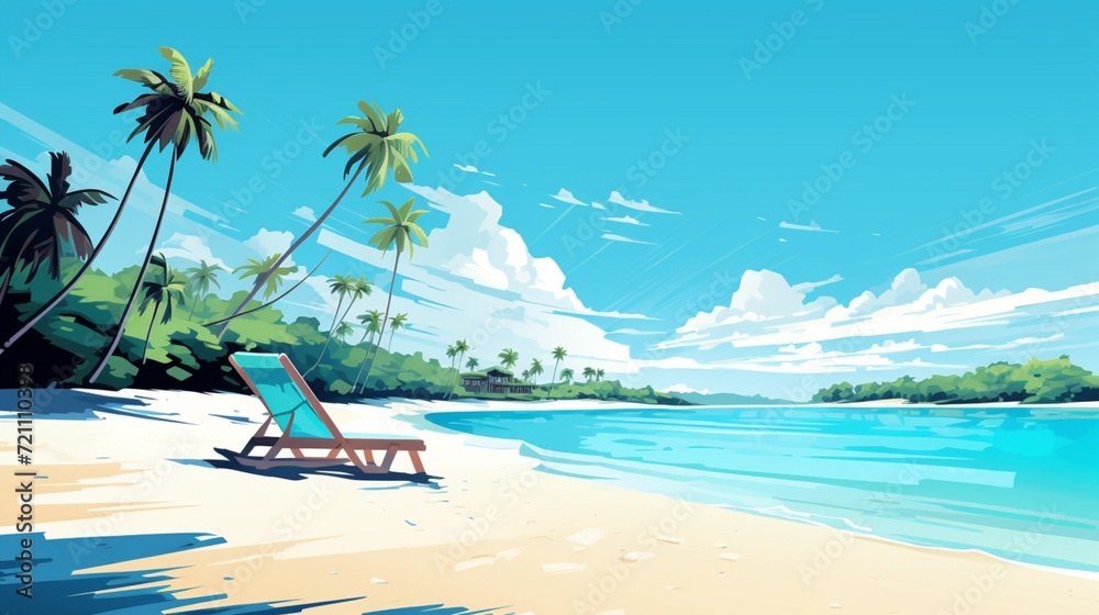 A stunning vector-style illustration of a pristine beach in the Maldives with crystal-clear turquoise waters and lush palm trees swaying in the breeze, all