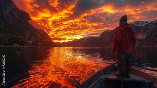A courageous lonely fisherman in Norway stands on a boat and watches the sunset
