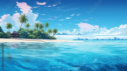 A stunning vector-style illustration of a pristine beach in the Maldives with crystal-clear turquoise waters and lush palm trees swaying in the breeze, all © SAJAWAL JUTT