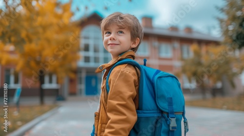 A boy with a blue school backpack joyfully walks to school