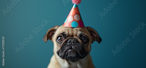 a dog wearing a birthday hat and a toy