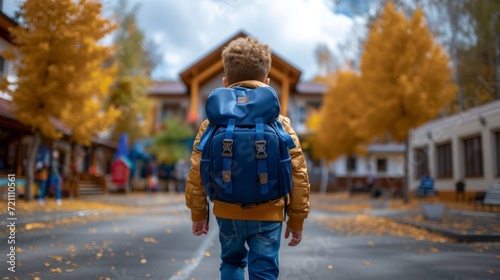 A boy with a blue school backpack joyfully walks to school