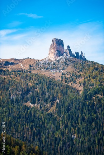 Stunning view of the five steep rocks of rock formation ¨Cinque Torri¨ in the Italian Dolomites