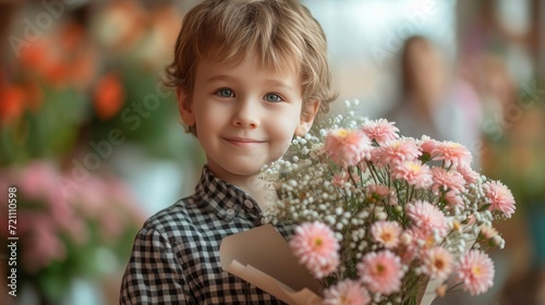 A 10-year-old boy in a checkered shirt stands with a bouquet of flowers for h...