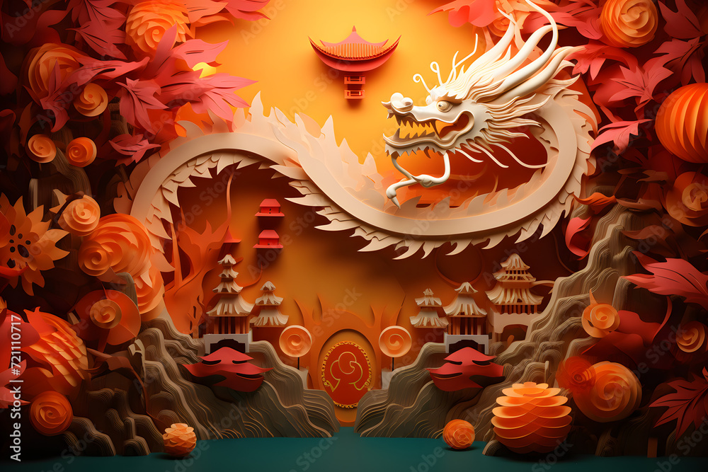 Asian dragon and lanterns paper cut background