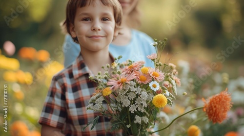 A 10-year-old boy in a checkered shirt stands with a bouquet of flowers for h...