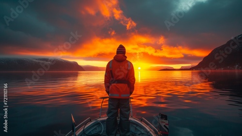 A courageous lonely fisherman in Norway stands on a boat and watches the sunset