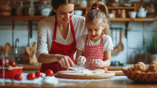A girl and her mother in red aprons are baking pancakes in the kitchen