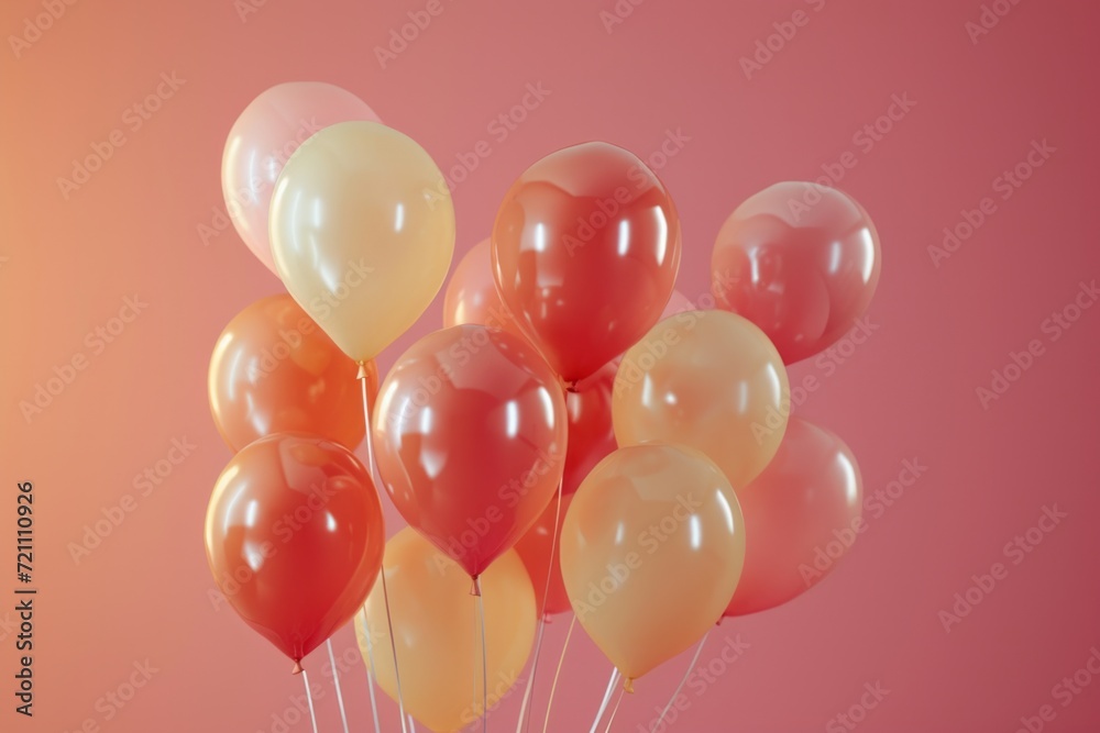 a group of balloons flying over a pink background