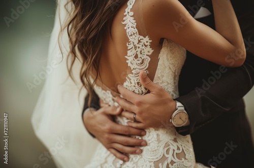 a couple embracing and one of them holding the hands of the bride