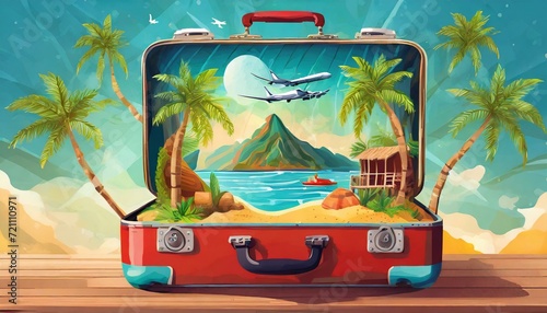 suitcase on the beach vacation travel time banner, open travel suitcase with exotic destination inside