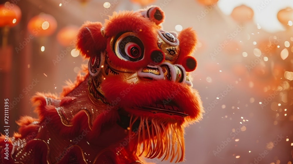 Festive Chinese Lion Dance. Close up view of a Chinese lion dance performance. Chinese New Year celebration. Festive Chinese Lion Dance. Close up view of a Chinese lion dance performance. Chinese New Year celebration.