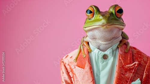 Leap into style! Glamorous frog in high-end couture. Perfect for birthdays and invites. Copy space for your message. Stand out with this creative animal concept.