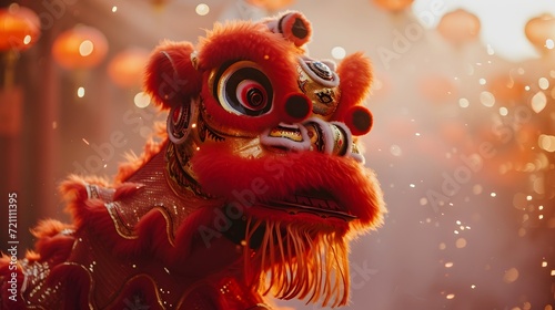 Festive Chinese Lion Dance. Close up view of a Chinese lion dance performance. Chinese New Year celebration. © Wildan