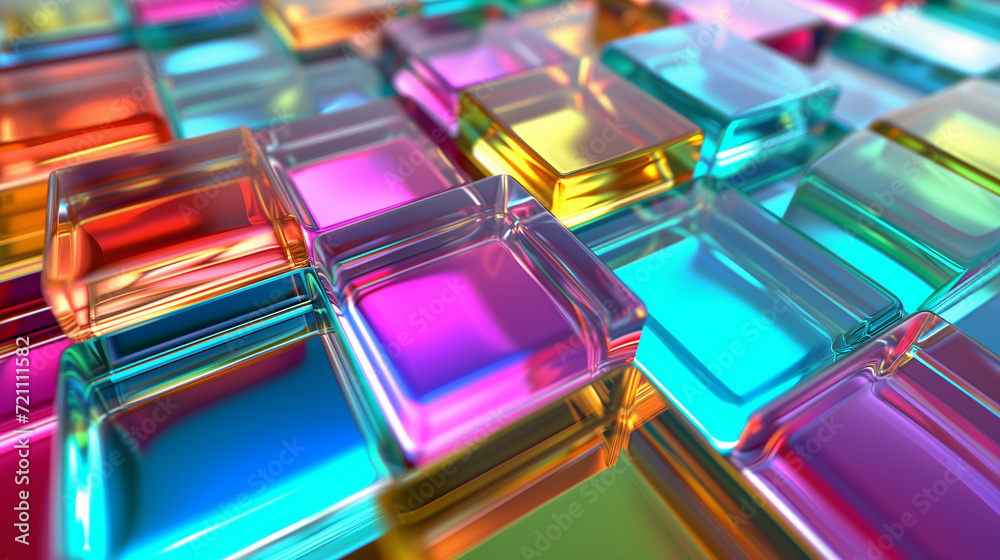 正方形のガラスの3Dモデル。背景画像_カラフル色とりどり
3D model of glass squares. Chromatic sculpture. Colorful based wallpaper background [Generative AI]