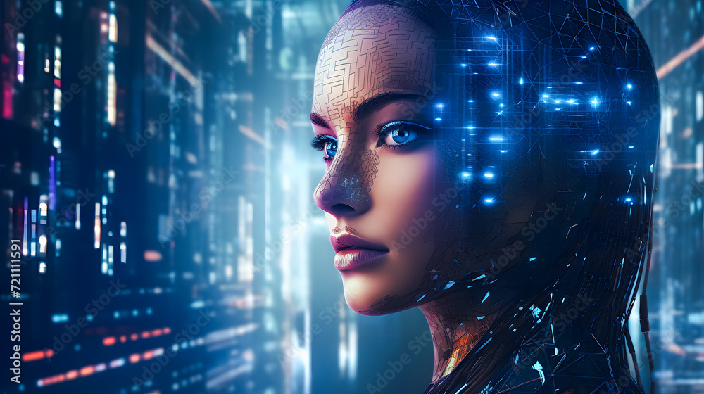 Futuristic background blending artificial and human intelligence, featuring advanced technology and digital elements, ideal for showcasing innovations and future tech Futuristic background blending artificial and human intelligence, featuring advanced technology and digital elements, ideal for showcasing innovations and future tech
