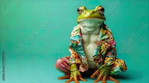 Leap into style  Glamorous frog in high-end couture. Perfect for birthdays and invites. Copy space for your message. Stand out with this creative animal concept.