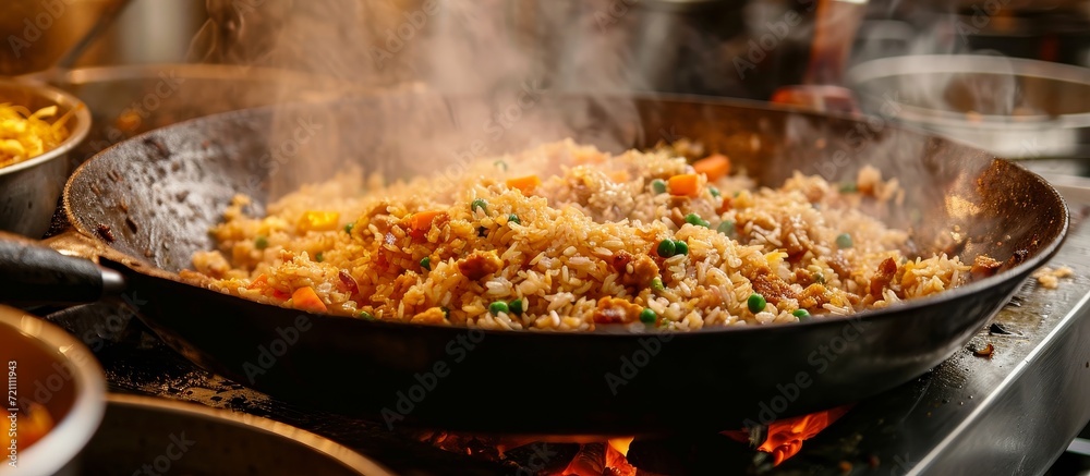 Sizzling Hot Fried Rice Cooking in an Iron Pan