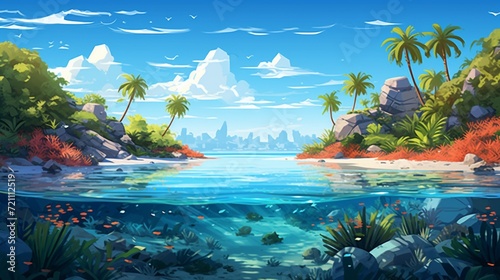 An enchanting vector scene of a tropical paradise in the Maldives, highlighting the vibrant coral reefs, marine life, and the crystal-clear waters of the Indian Ocean
