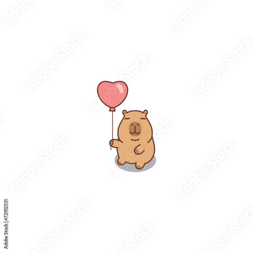 Cute capybara with heart balloon cartoon, vector illustration