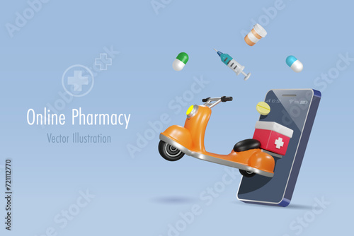 Online pharmacy, medicine delivery service. Scooter on smartphone app carrying medical box to patient. Express home delivery. 3D vector cartoon character.