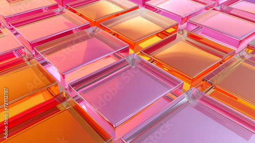 正方形のガラスの3Dモデル。背景画像_紫オレンジ色 3D model of glass squares. Chromatic sculpture. Purple and Orange based wallpaper background [Generative AI]