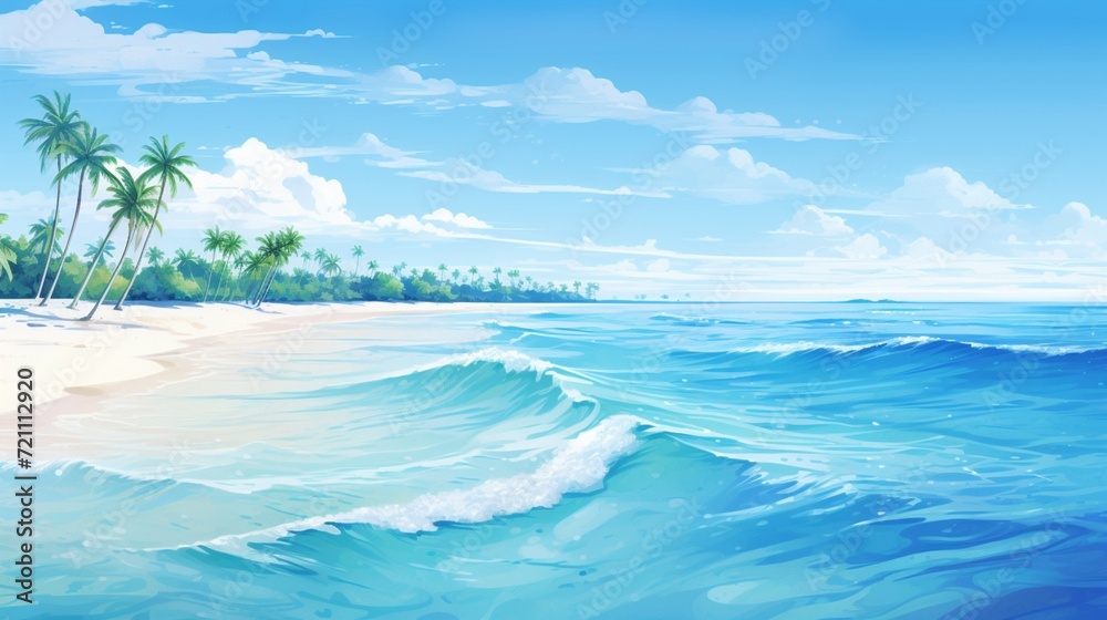 An idyllic vector representation of a Maldivian seascape with soft white sands, swaying palm trees, and the inviting, crystal-clear waters of the Indian Ocean