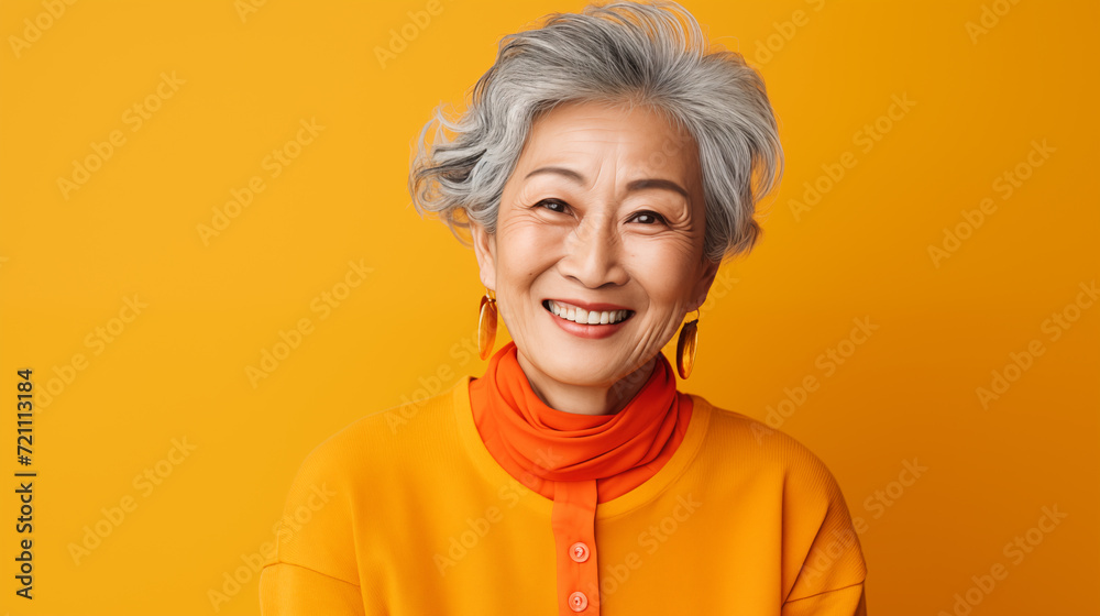 Vibrant Elegance: Joyful Senior Woman in Yellow with a Warm Smile, Representing Positivity, Aging Gracefully, and Lifestyle Diversity