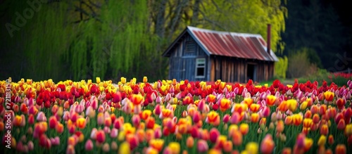 Serene Shack amongst Vibrant Tulips: A Captivating View of a Quaint Shack nestled amongst a Colorful Sea of Tulips photo