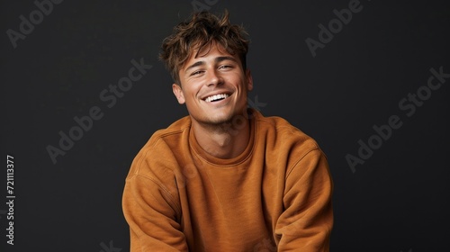handsome man wearing sweatshirt, happy smiling face expression