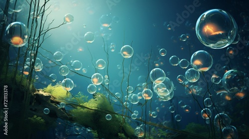 An intricate vector artwork of underwater bubbles, capturing the play of light and shadow on their surfaces, creating a lifelike representation akin to an HD photograph © SAJAWAL JUTT