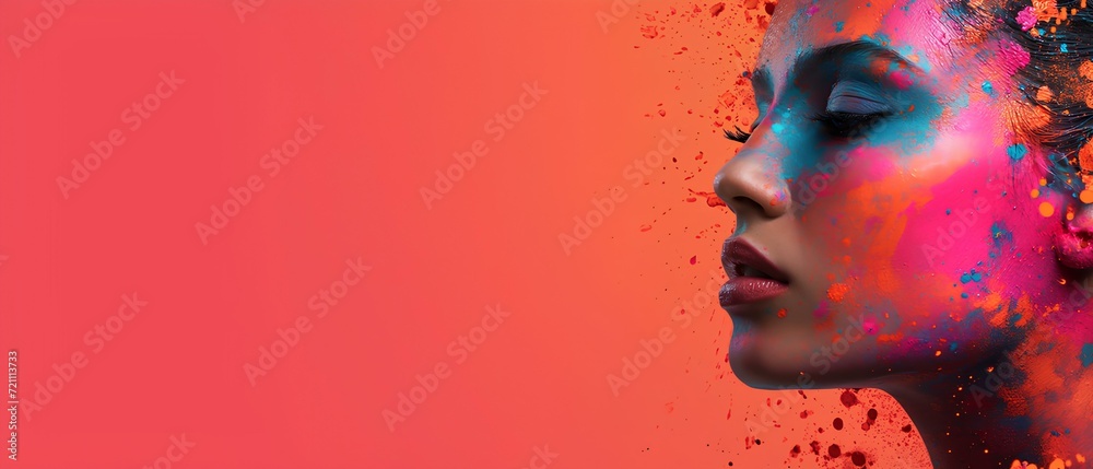 Banner with a woman's face covered in colorful paint explosion on the ...
