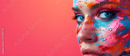 Banner with a woman's face covered in colorful paint explosion on the right corner on solid background. generative AI photo