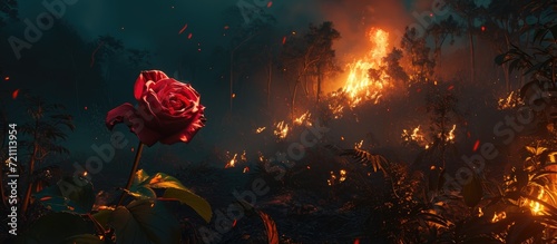 Nighttime view of a burning mountain, fire in the jungle, focused on a rose, forest fire visuals with burning trees and smoke.